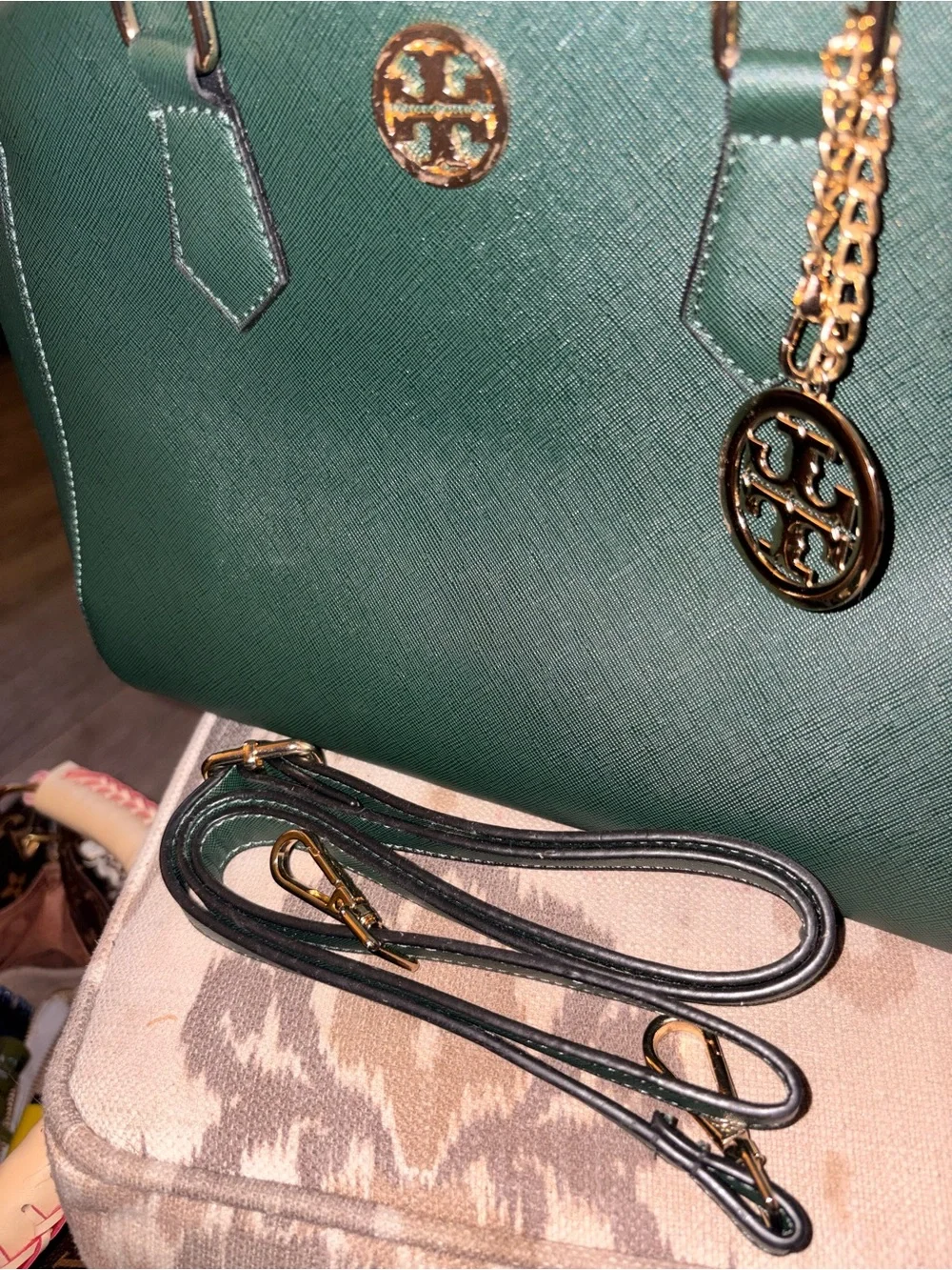 Tory Burch Emerald Green Saffiano Leather Satchel with Logo Charm